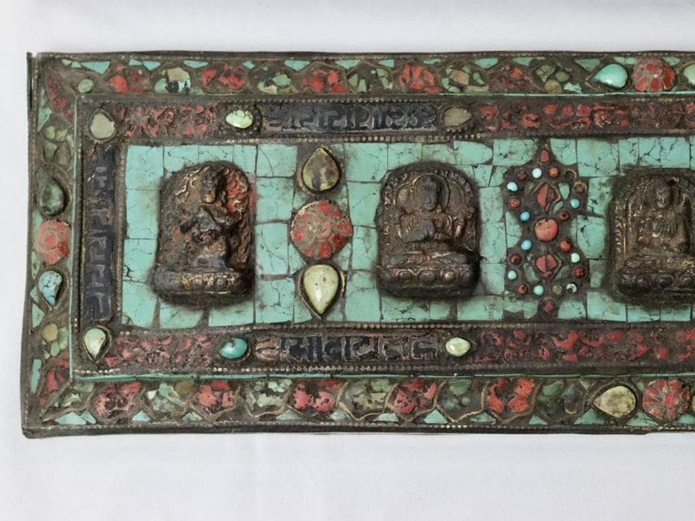 【仏】　★ 仏教 嵌松石護経板 ★　清朝期　仏像 経文 彫刻文様　雅玩雑項