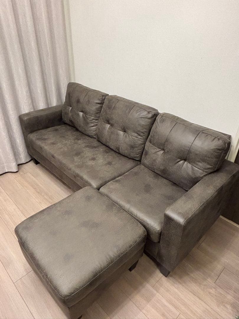 カウチソファ　レザーファブリック　スツール付き　3人掛け　ソファ