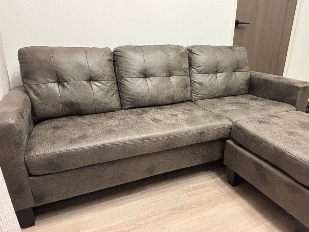 カウチソファ　レザーファブリック　スツール付き　3人掛け　ソファ