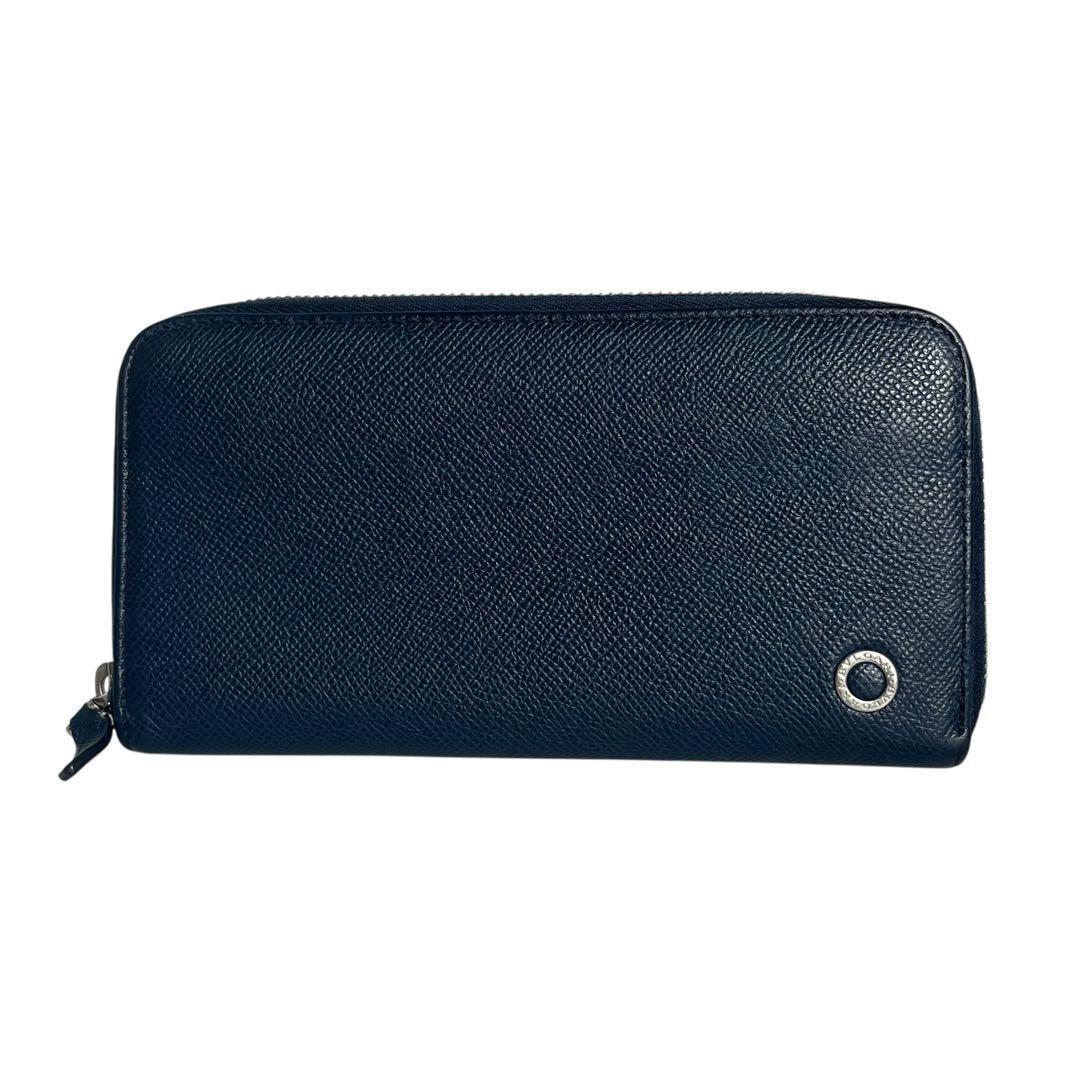 極美✨ブルガリ 長財布 ラウンドファスナー サークルロゴ ネイビー レザー 青