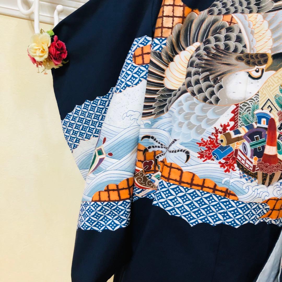 七五三五歳フルセット‼️黒地暈し⭐︎鷹凛々しい⭐︎袴縞スタイルアップ⭐︎全てついてる安心