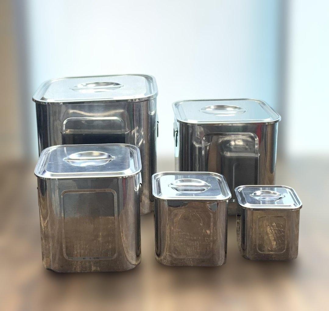 ユキワ 18-8ステンレス 角深型キッチンポット 5個セット 手・目盛・蓋付 ②