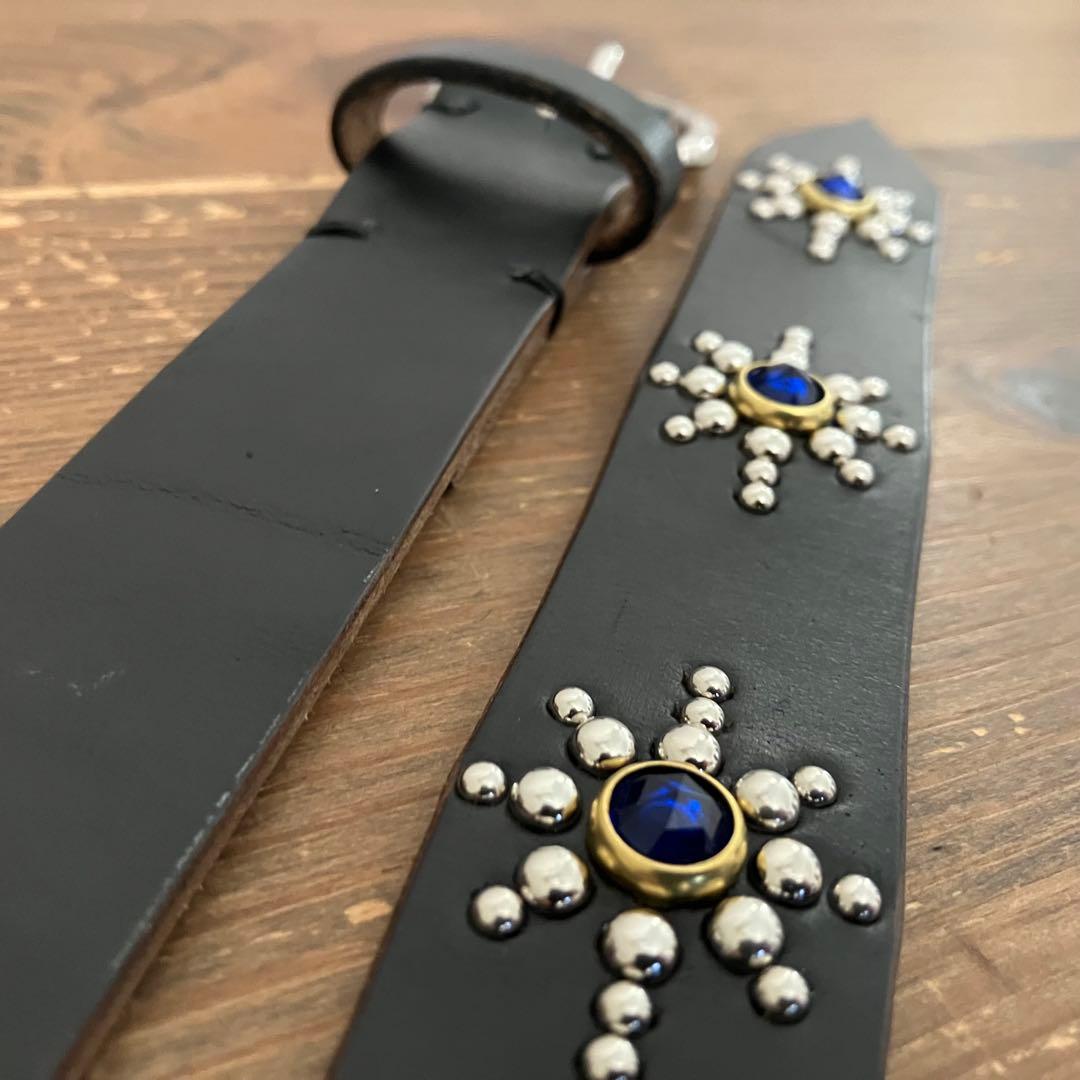 【ハンドメイド】クロムエクセルレザー ナローベルト　スタッズ　ブラック　30ミリ