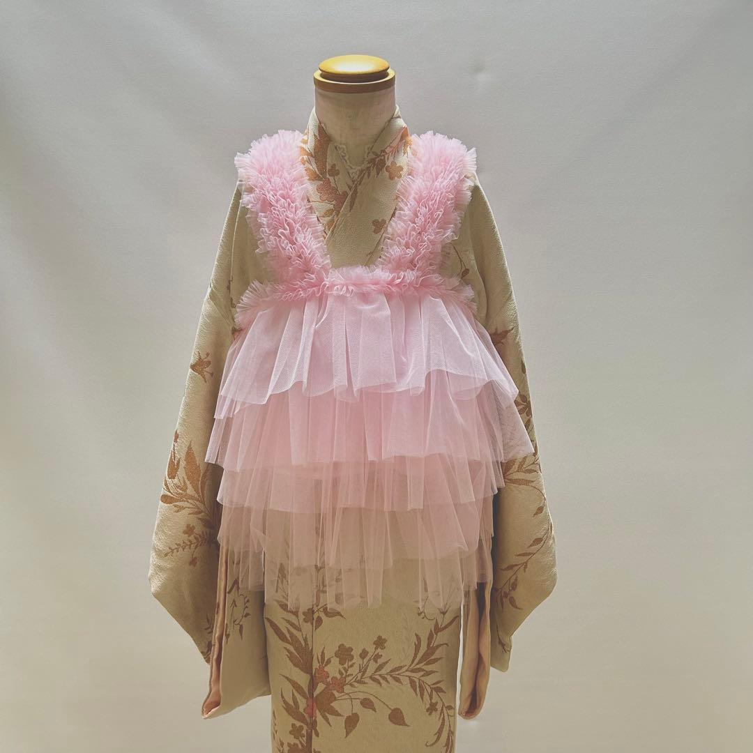 被布エプロン【ピーチピンクフリル】チュール被布　被布ドレス　七五三　チュール