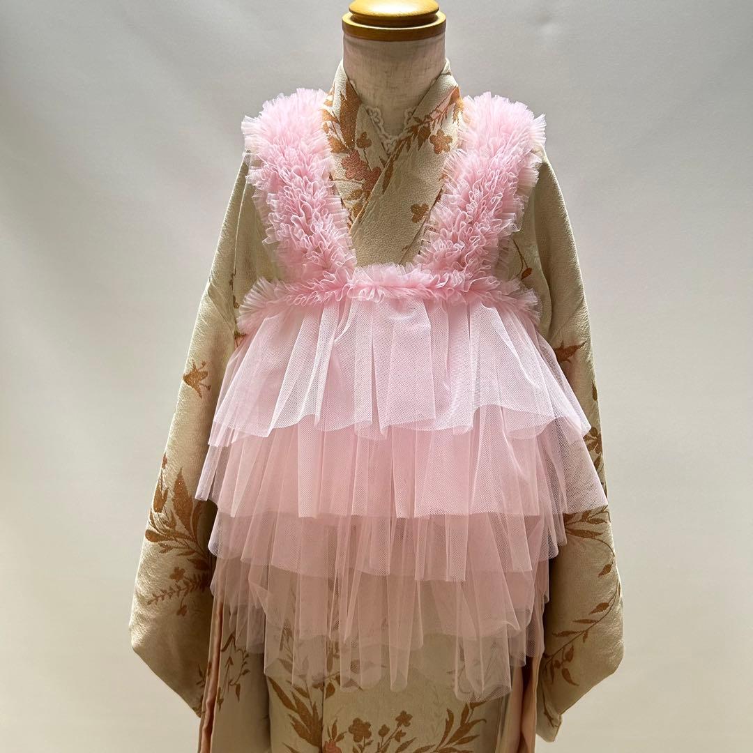 被布エプロン【ピーチピンクフリル】チュール被布　被布ドレス　七五三　チュール