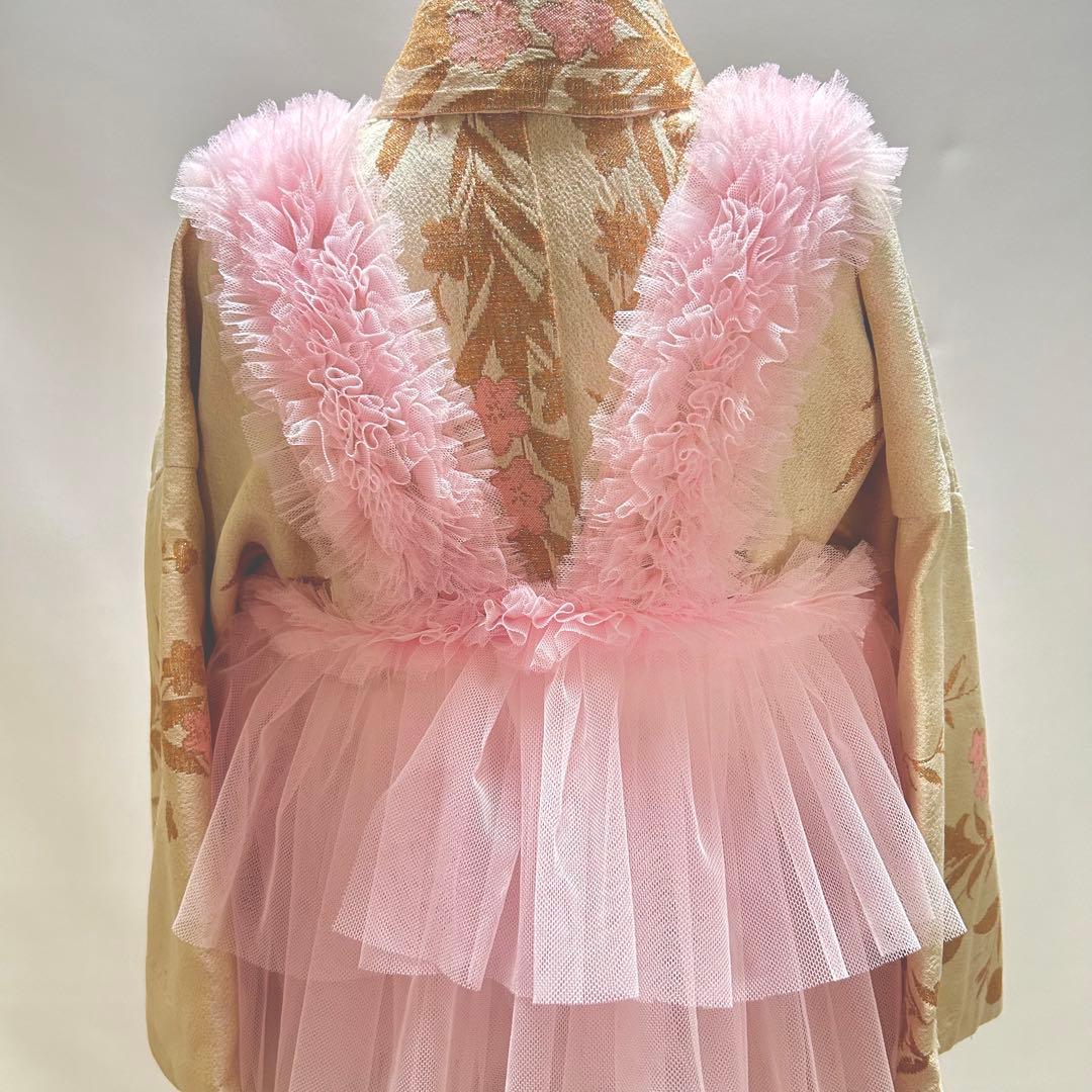 被布エプロン【ピーチピンクフリル】チュール被布　被布ドレス　七五三　チュール