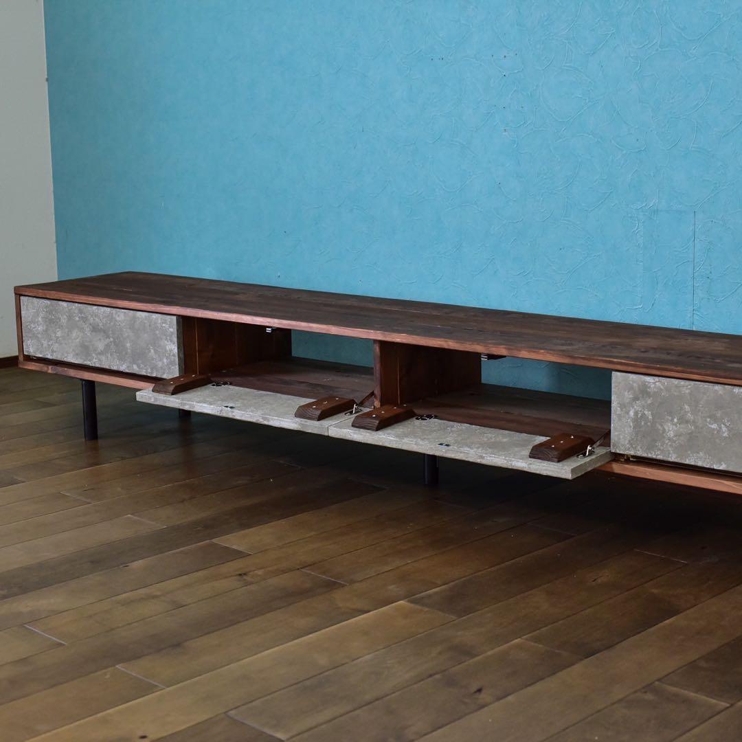 無垢材】テレビボード220㎝ダークブラウン色モルタル風　鉄脚