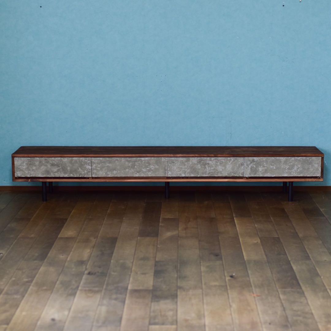 無垢材】テレビボード220㎝ダークブラウン色モルタル風　鉄脚