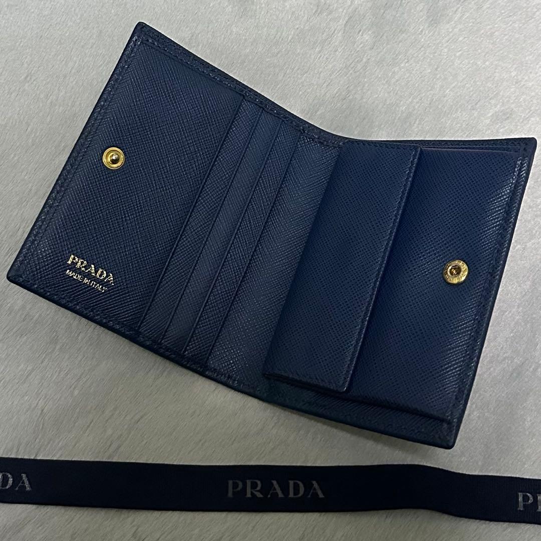 PRADA プラダ　折り財布　ゴールドロゴ　ブルー　サフィアーノレザー