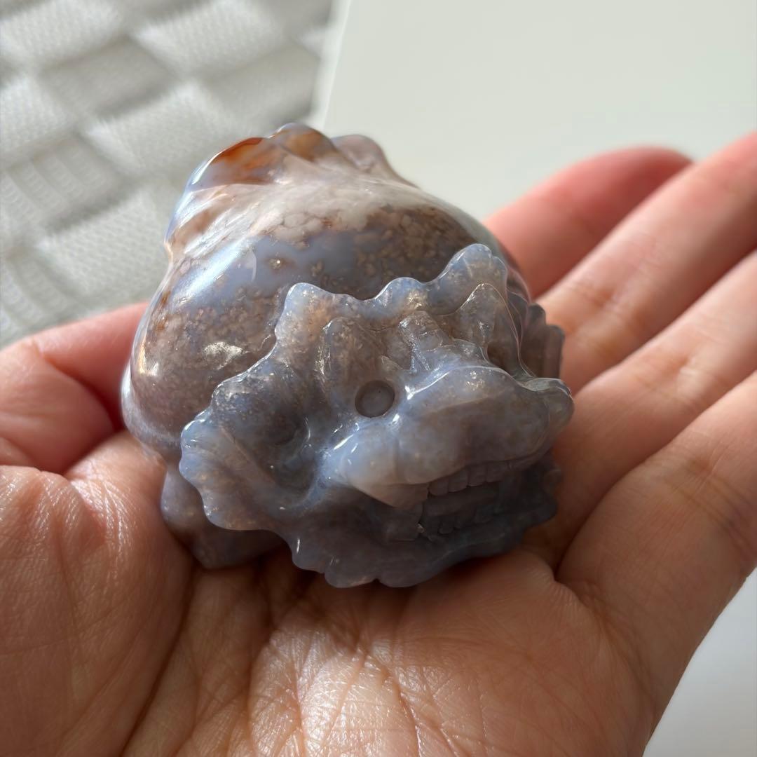 【レア】ブルーフラワーアゲート 天然石 置物 ロングイ 龍亀