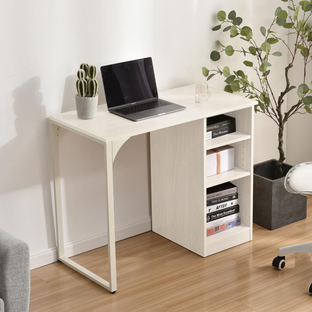 【ホワイト】パソコンデスク 3段シェルフ付 オフィスデスクアジャスター付き