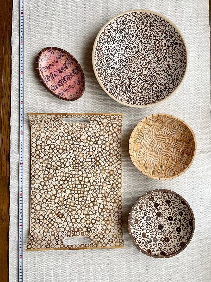 竹製トレイ、木製デコレーションボウル、木の器5点まとめて