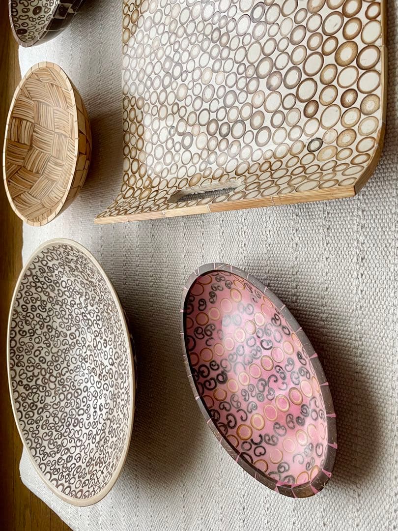 竹製トレイ、木製デコレーションボウル、木の器5点まとめて