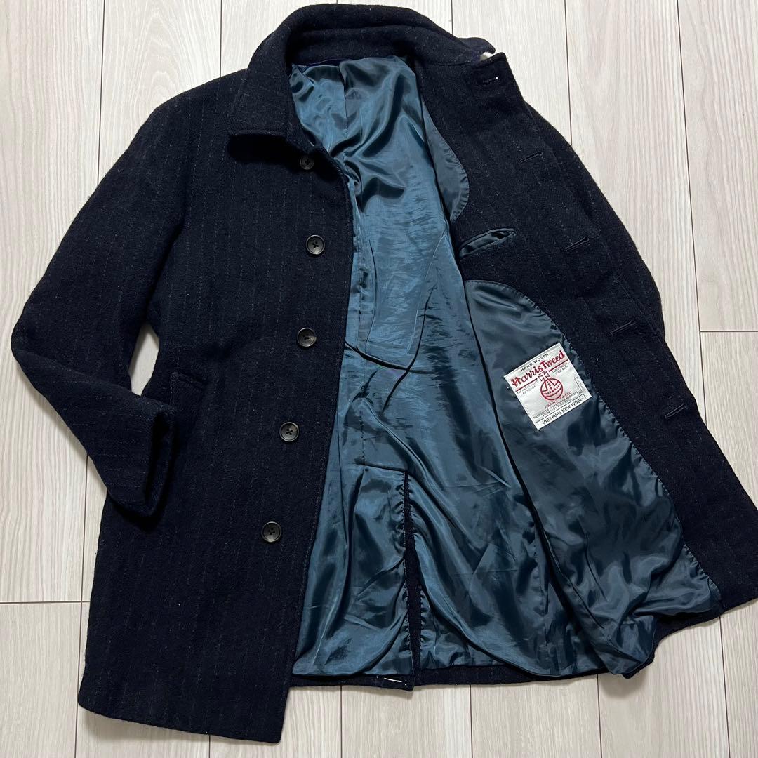 極美品✨️ハリスツイード ウール コート 紺 ストライプ イングランド