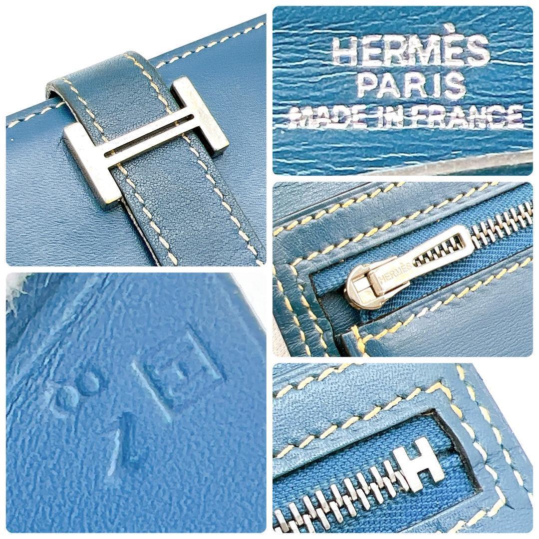 エルメス ベアン デュプリ ボックスカーフ ブルー 長財布 C109