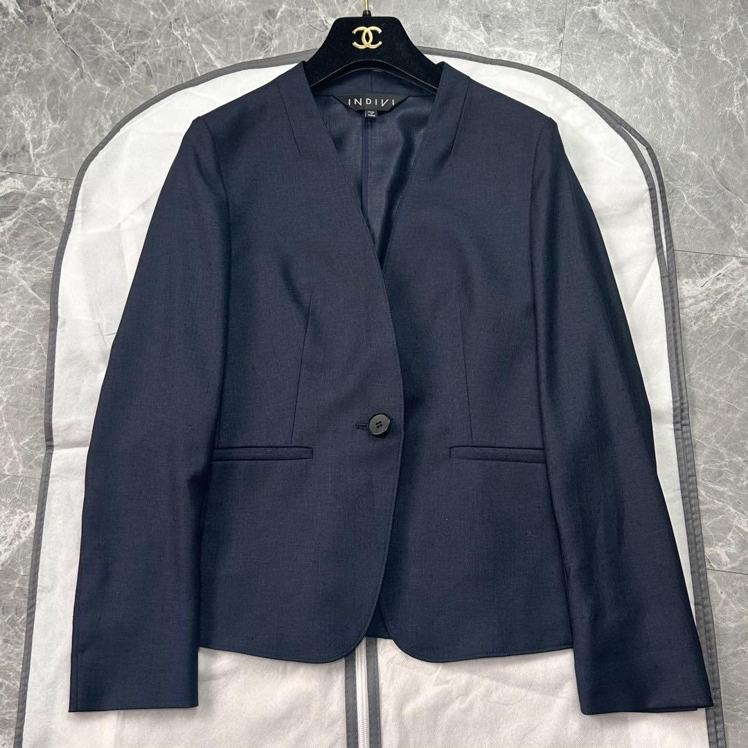 美品♡現行 インディヴィ パンツスーツ セットアップ ノーカラー ネイビー