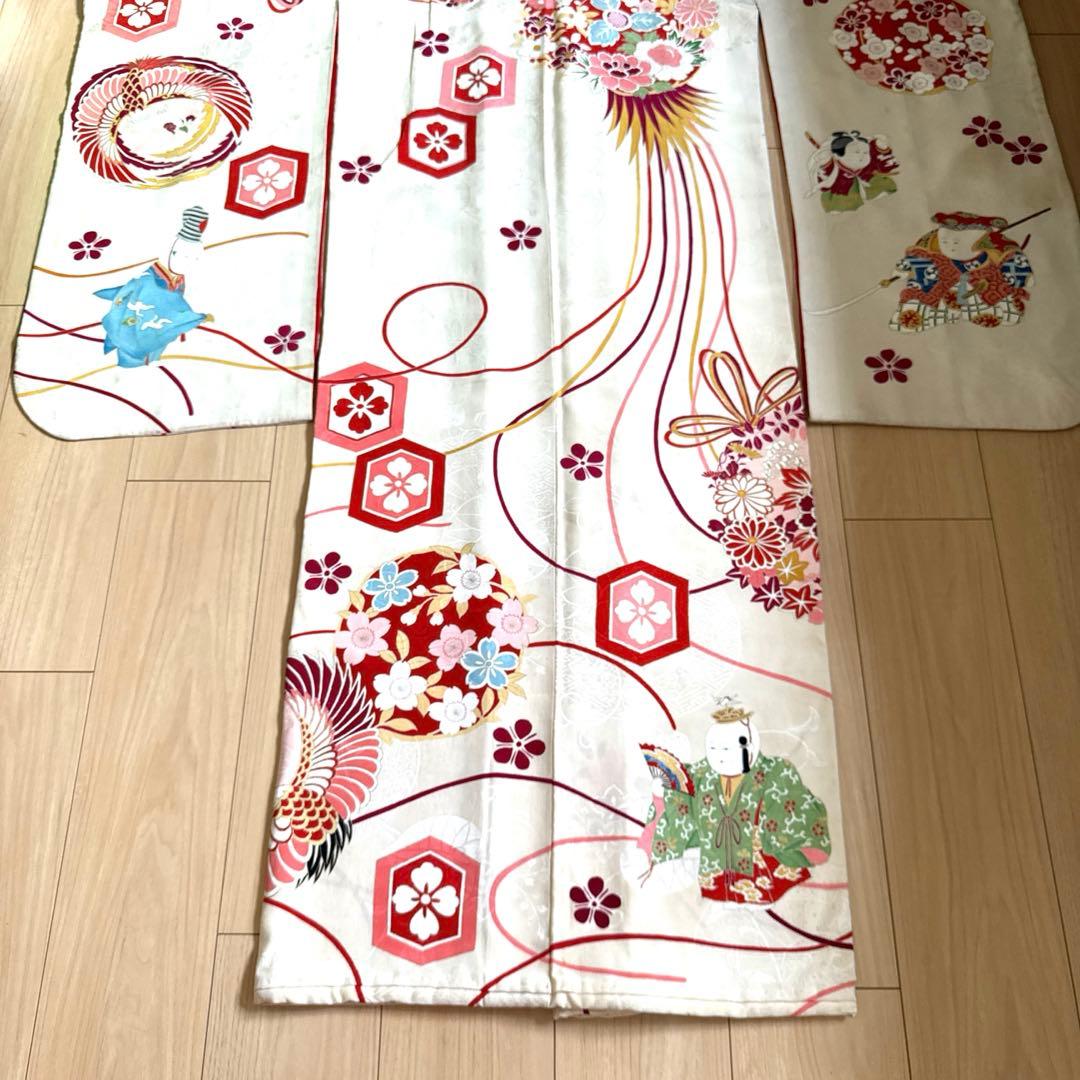 希少！正絹 七五三 四つ身アンティーク着物 御所人形 花珠 鳳凰 舞鶴 裾綿入り