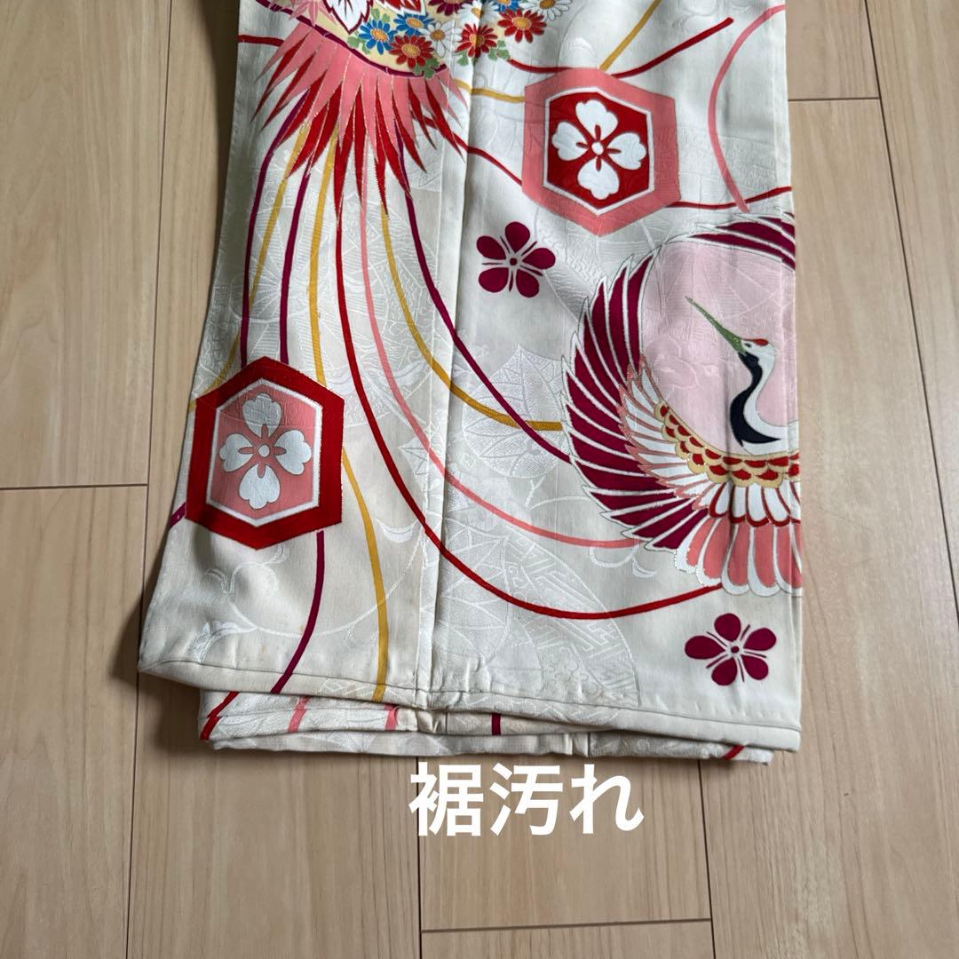 希少！正絹 七五三 四つ身アンティーク着物 御所人形 花珠 鳳凰 舞鶴 裾綿入り