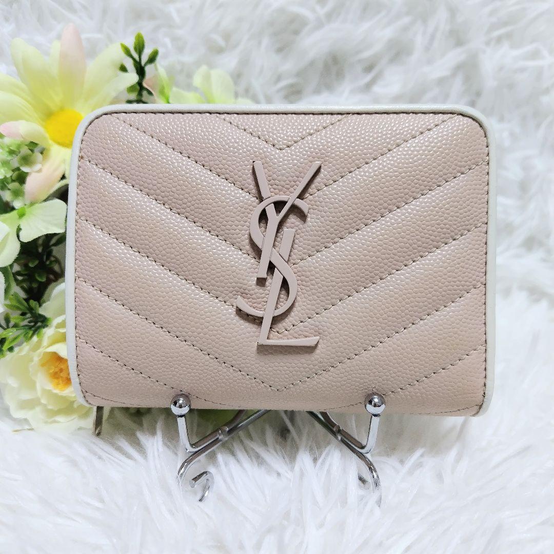 レア美品✨サンローラン◇バイカラー二つ折り財布　Vキルティングカサンドラ白ピンク