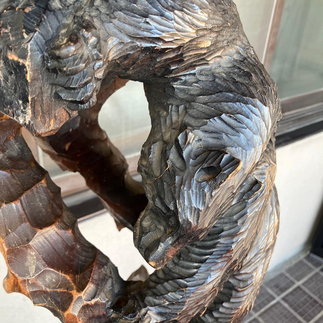 昭和レトロ 秀樹作 木製 木彫り 一刀彫 彫刻 クマ 熊 木登り熊 親子 縁起物