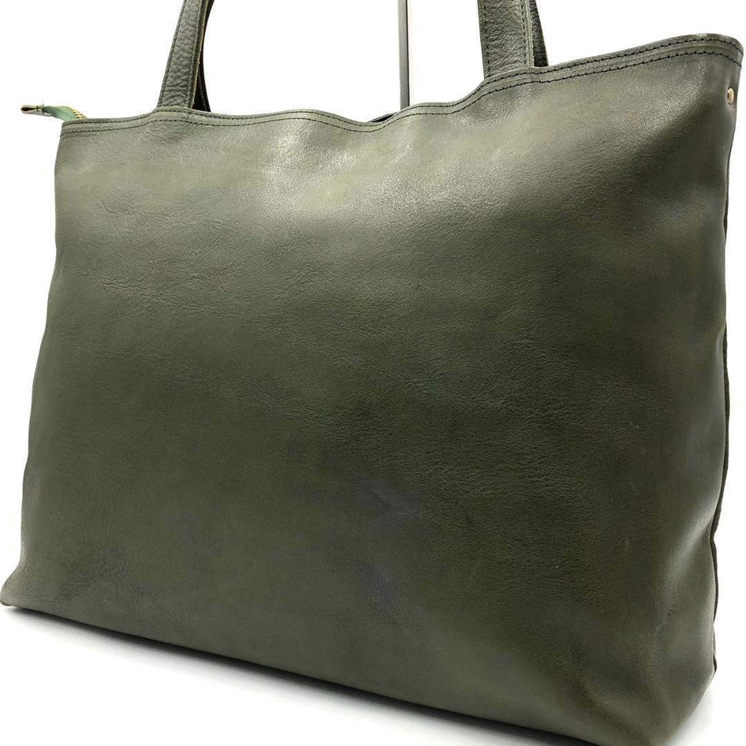 美品 ジャパンファクトリー トートバッグ 肩掛け A4 大容量 レザー カーキ