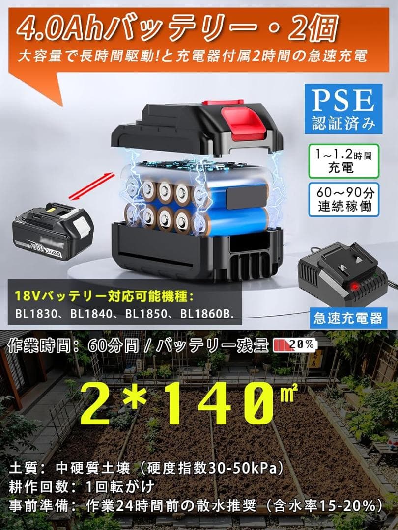 耕運機 充電式(耕幅25.5cm/耕深22cm)2個4Ahバッテリー 小型 軽量