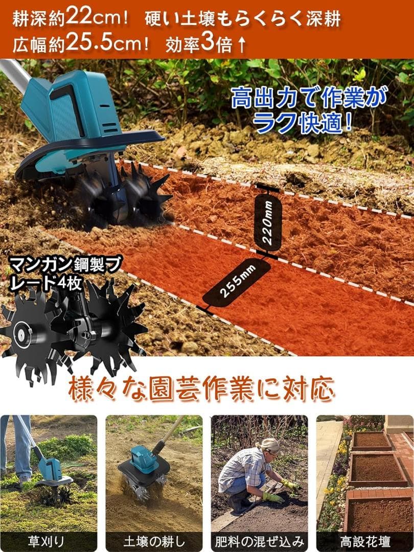 耕運機 充電式(耕幅25.5cm/耕深22cm)2個4Ahバッテリー 小型 軽量