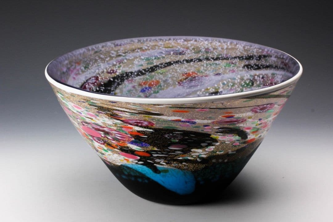 【未使用】黒木国昭 グラスアート 金彩象嵌ガラス花器 銘『光琳』 共箱