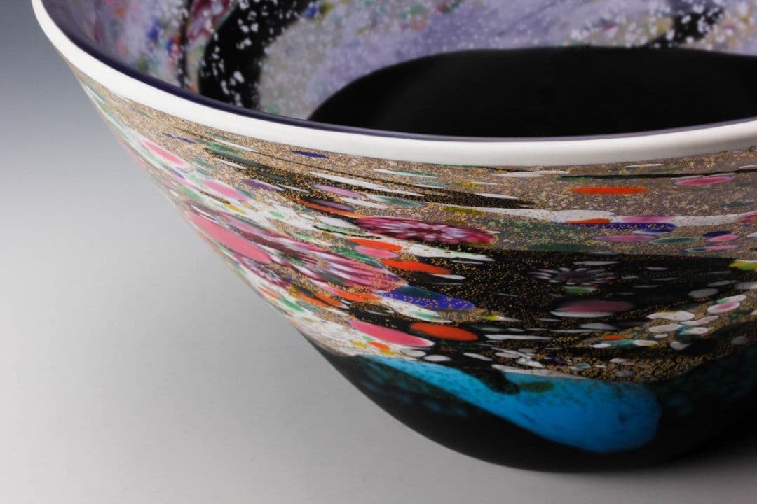 【未使用】黒木国昭 グラスアート 金彩象嵌ガラス花器 銘『光琳』 共箱