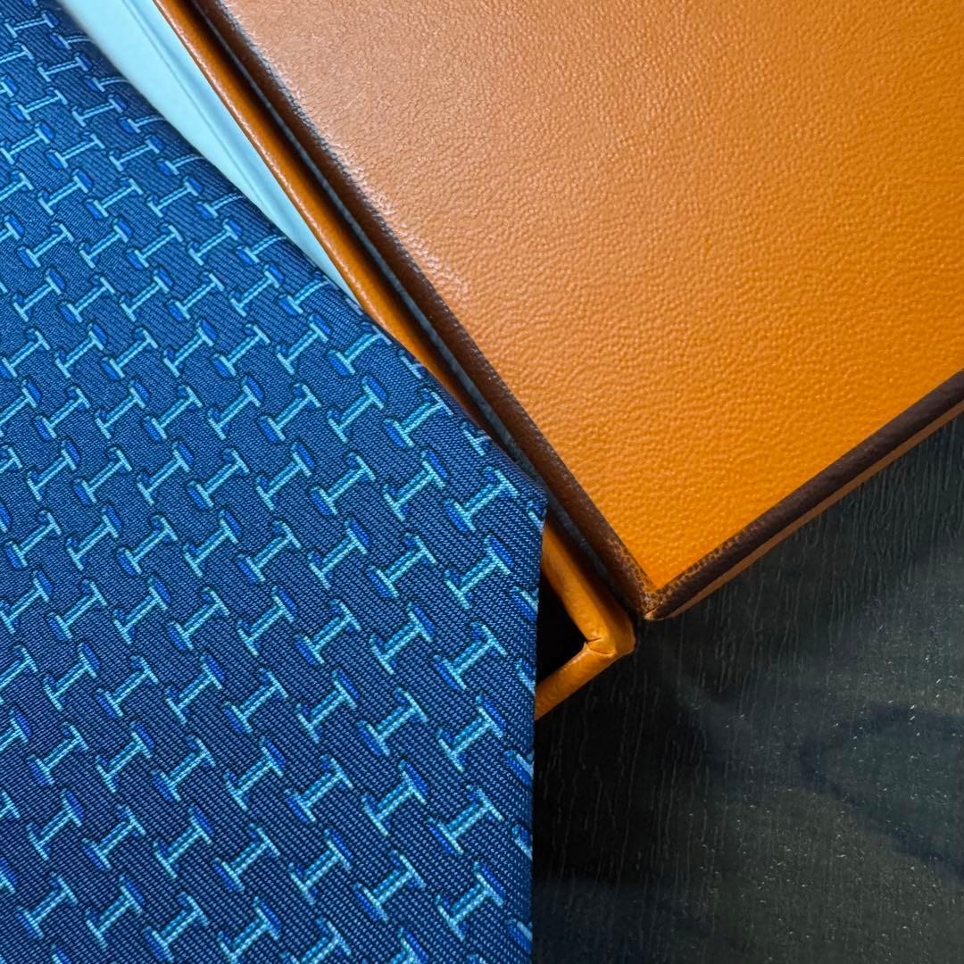 極美品 HERMES H柄 アンカーチェーン ロゴ ネクタイ ネイビー エルメス