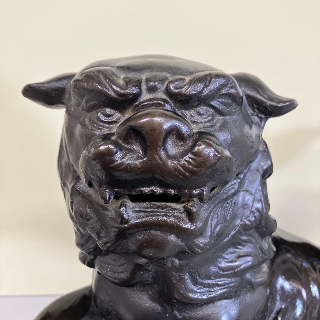 E-4 玉乗り 獅子 置物 銅製 鉄製 狛犬 シーサー 香炉 玉 透かし彫り