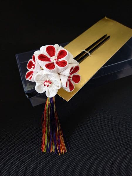 つまみ細工 白梅のかんざし ふさ付き 振袖 成人式 着物 和装 髪飾り