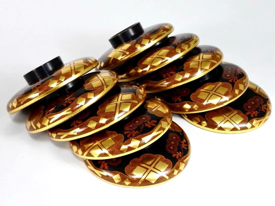 南部漆器 老舗光原社 秀衡塗 木製 金箔色漆　菱に梅文様　蓋碗十客　茶道具