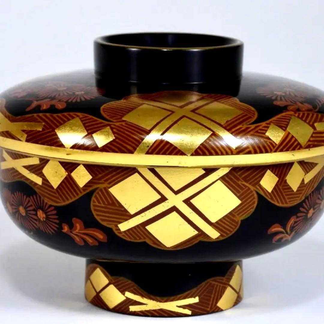 南部漆器 老舗光原社 秀衡塗 木製 金箔色漆　菱に梅文様　蓋碗十客　茶道具