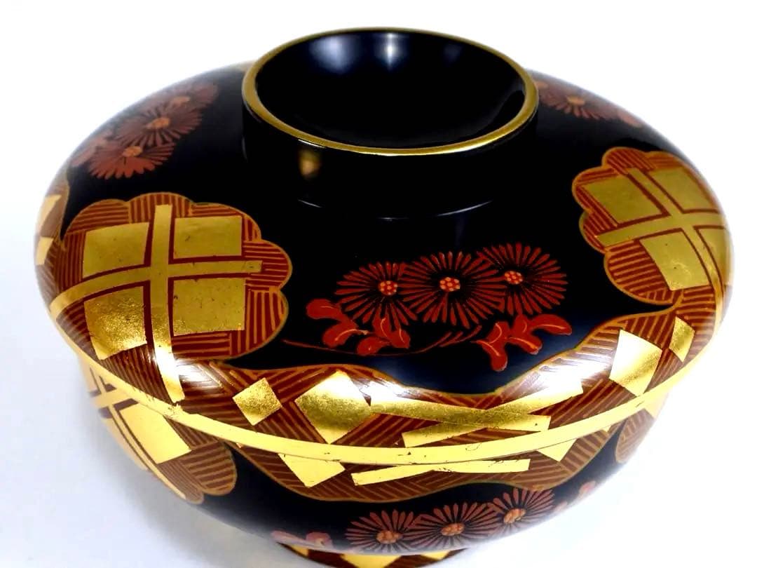 南部漆器 老舗光原社 秀衡塗 木製 金箔色漆　菱に梅文様　蓋碗十客　茶道具