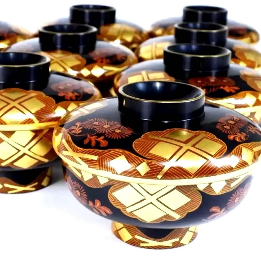 南部漆器 老舗光原社 秀衡塗 木製 金箔色漆　菱に梅文様　蓋碗十客　茶道具
