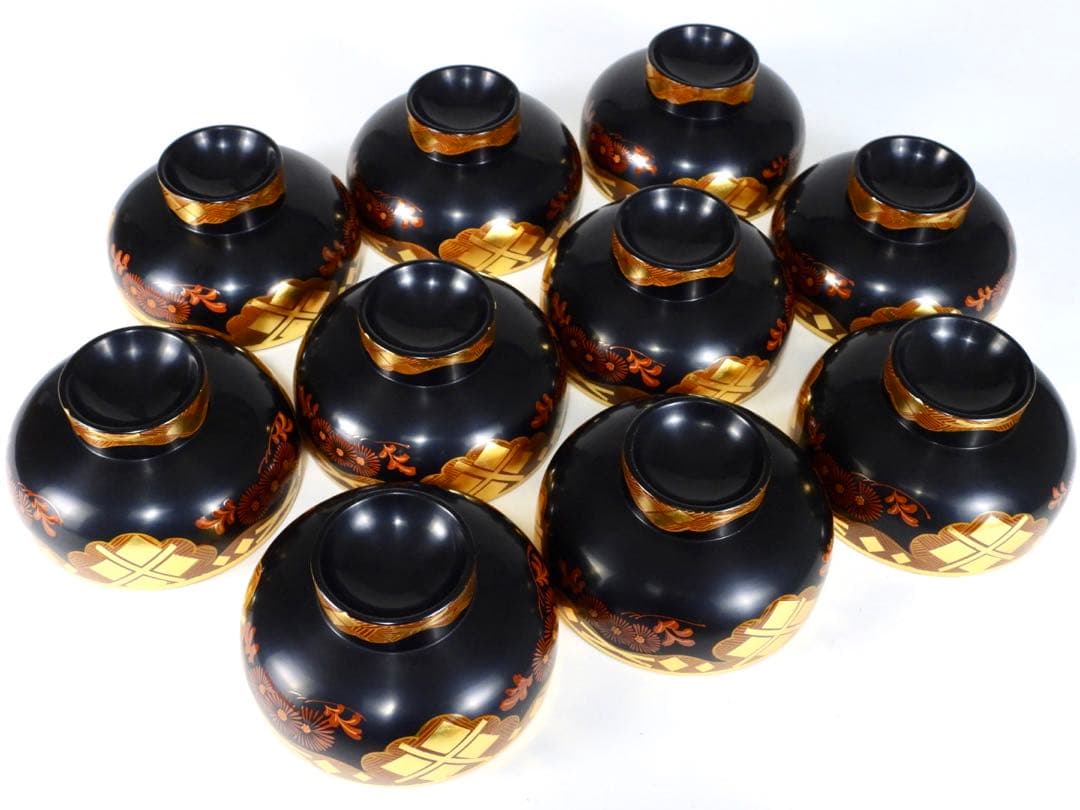 南部漆器 老舗光原社 秀衡塗 木製 金箔色漆　菱に梅文様　蓋碗十客　茶道具