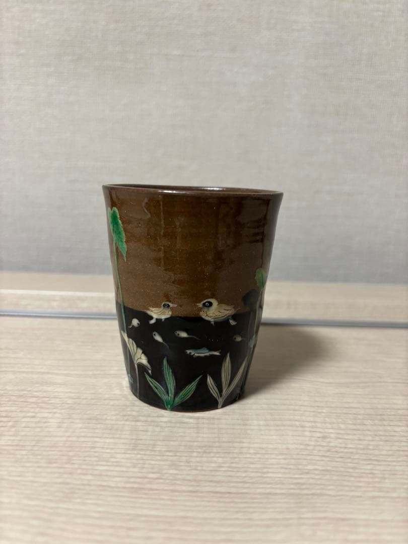 未使用_フジタチサト（スナフジタ）湯呑み 鯉 カモ ハス サイン有 新品 希少