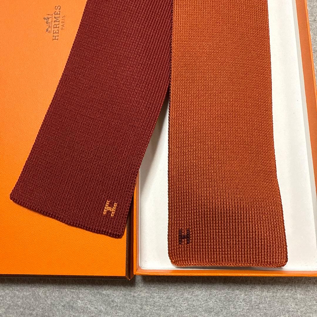 箱付美品　エルメス　ネクタイ　ニットタイ　4way 無地　H柄 オレンジ