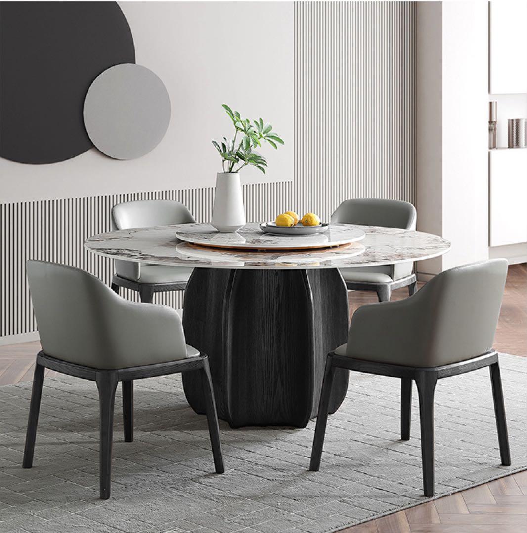 円形ダイニングテーブルセット 大理石調 センタープレート付き 彫刻ウッドベース