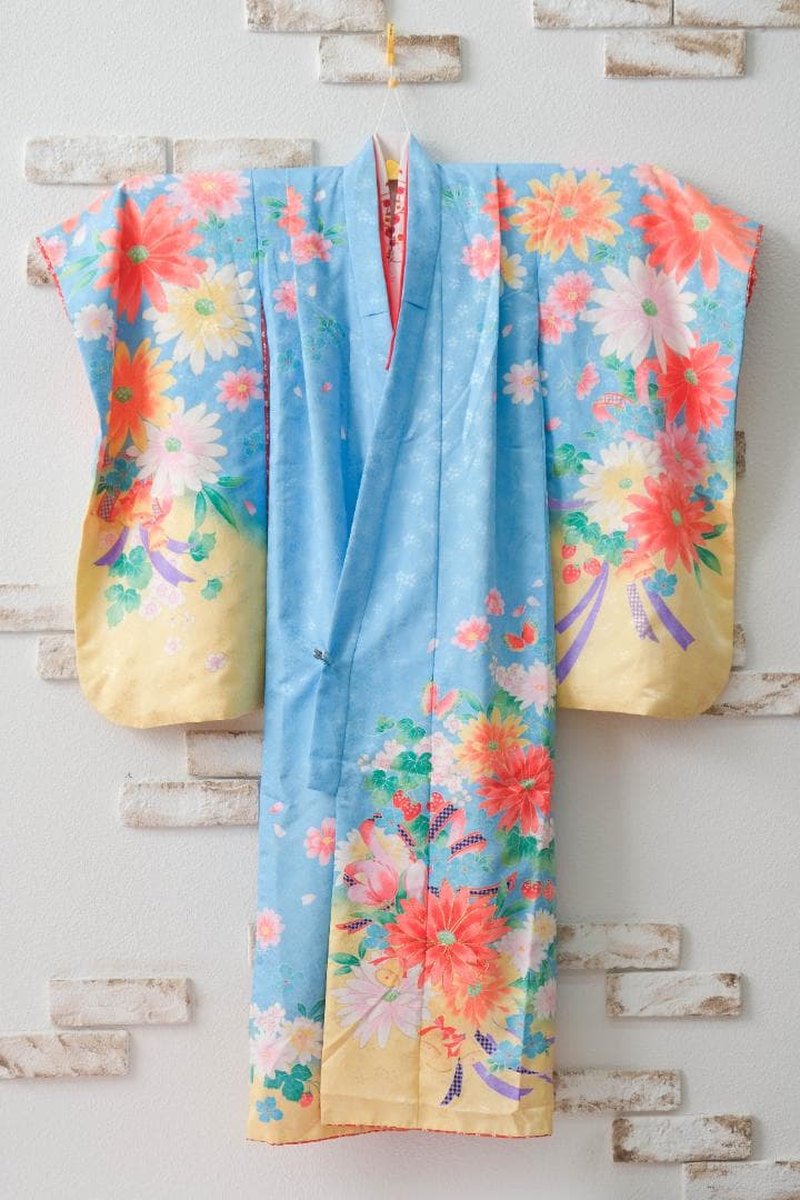 7歳　水色 花柄 着物