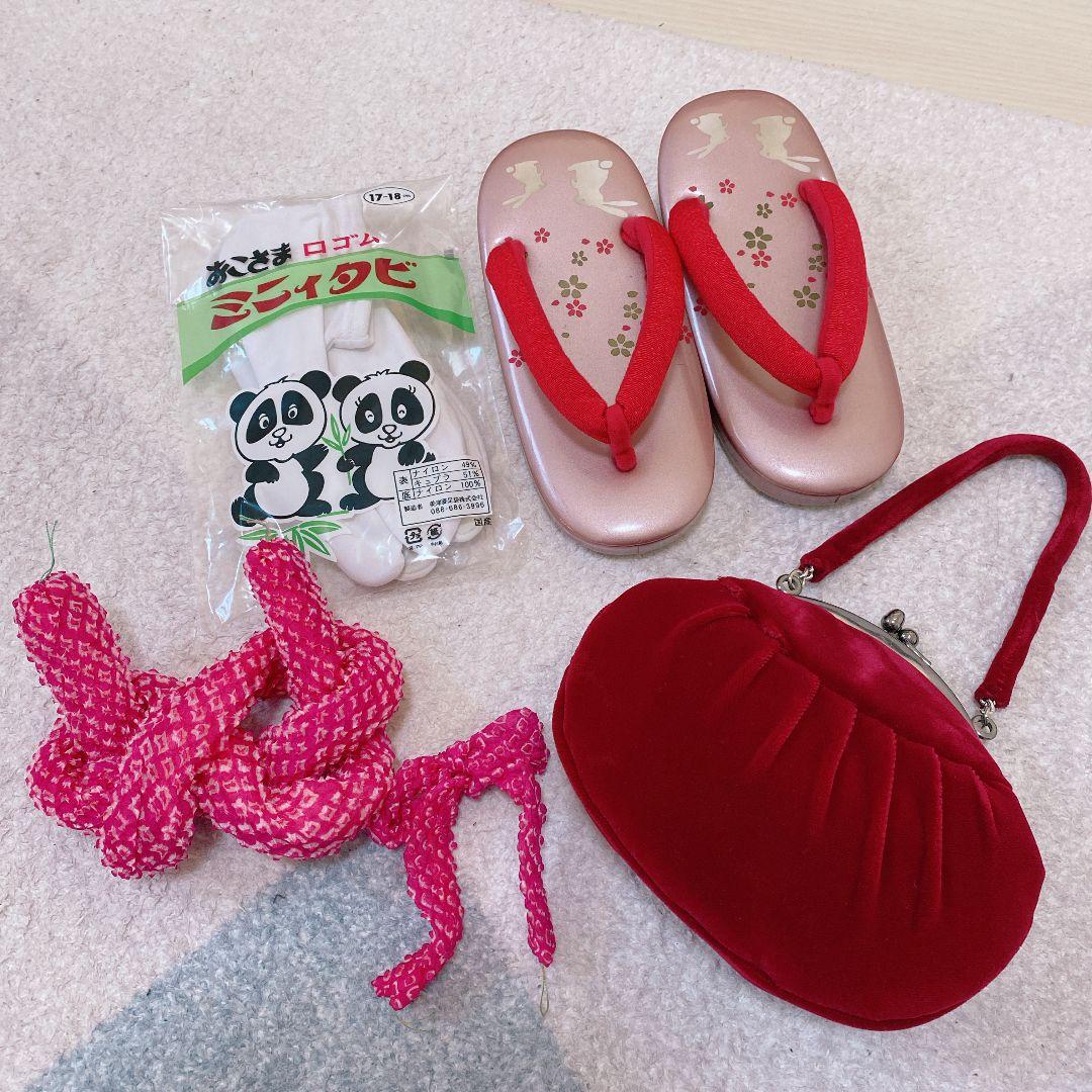 七五三 3歳 正絹 アンティーク 着物 被布 バッグ 草履 髪飾り マゼンタ