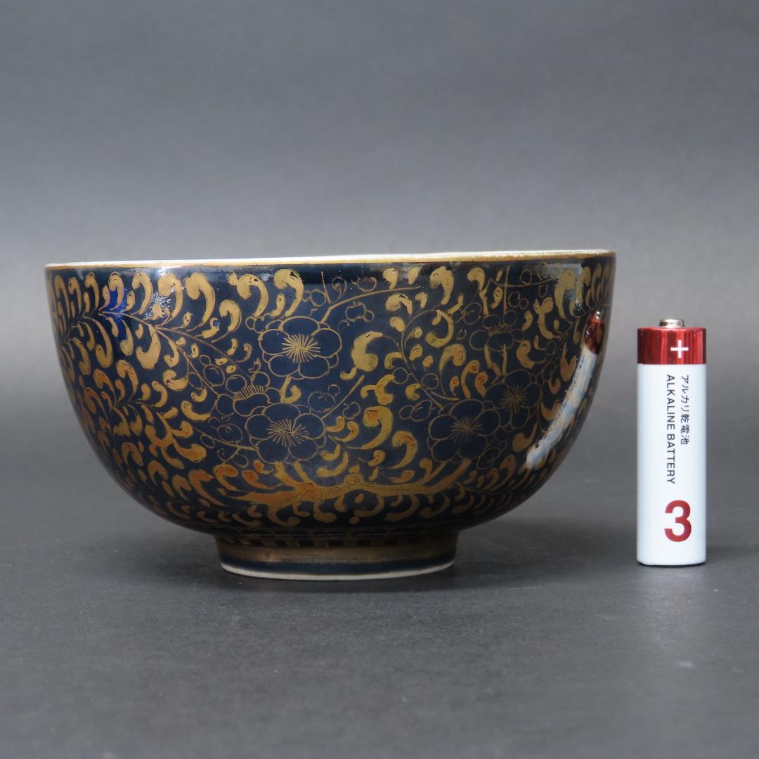 ⭕346 無傷 古伊万里 上手瑠璃色絵金襴 小鉢２客 梅花に唐草文 江戸期/中国