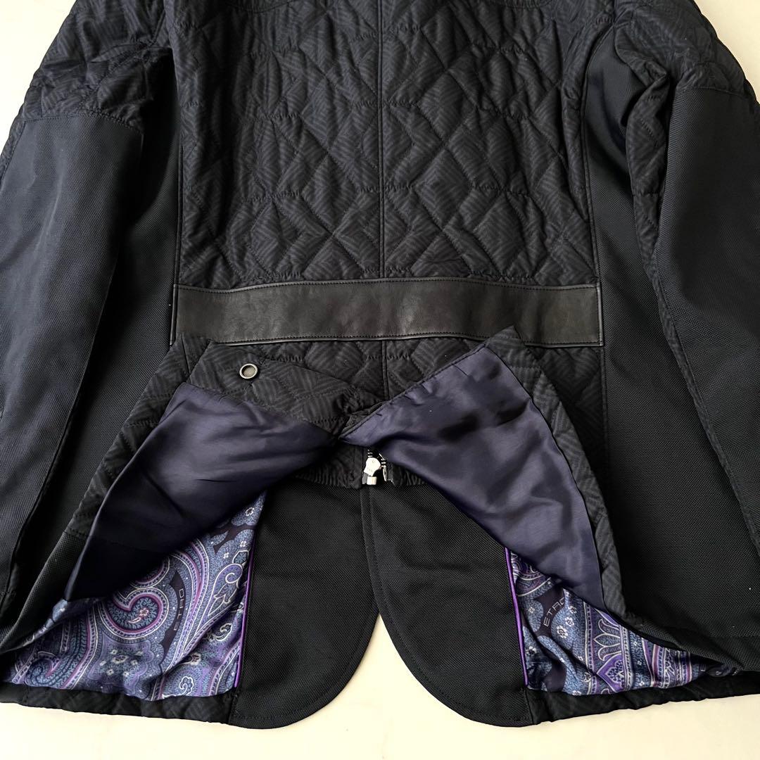ほぼ未使用 ETRO レザー キルティングジャケット レイヤード M ネイビー