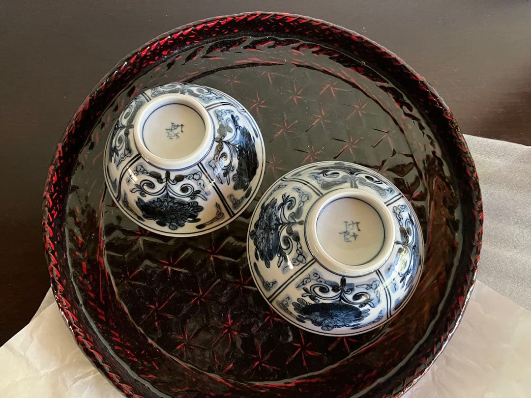 九谷焼　妙泉陶房　長左窯　山本長左 氏　染付　夫婦飯碗　ペアお碗　ご飯茶碗　２客