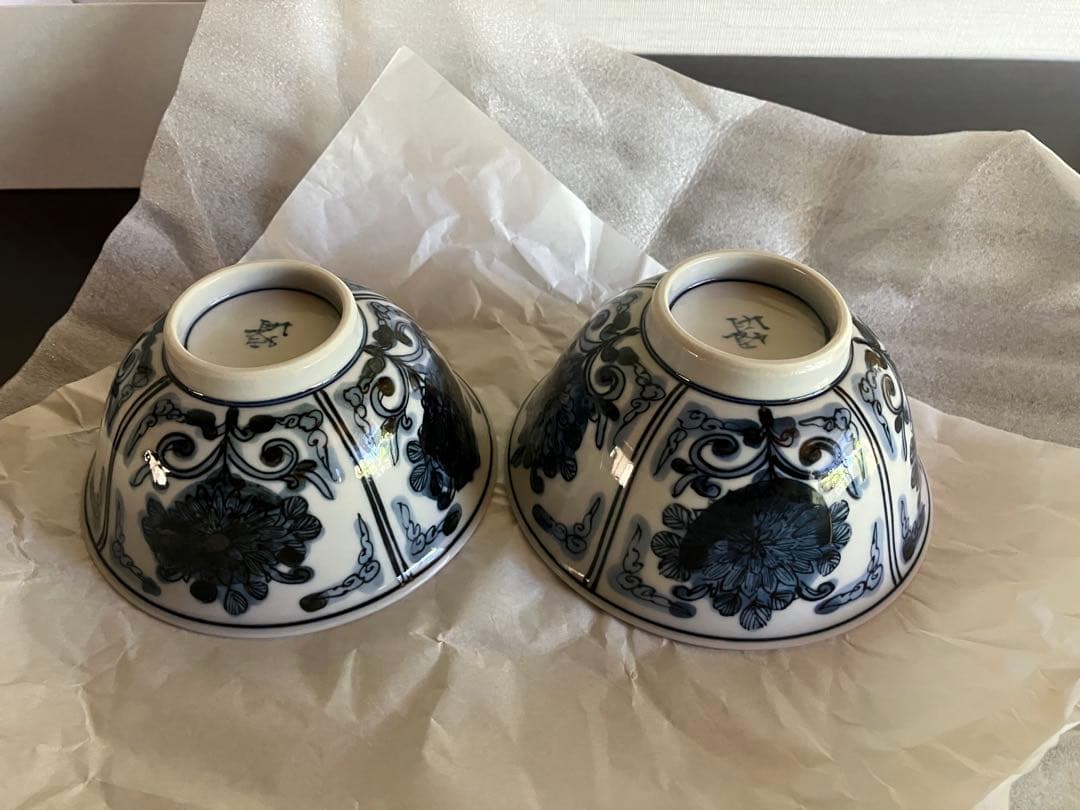 九谷焼　妙泉陶房　長左窯　山本長左 氏　染付　夫婦飯碗　ペアお碗　ご飯茶碗　２客