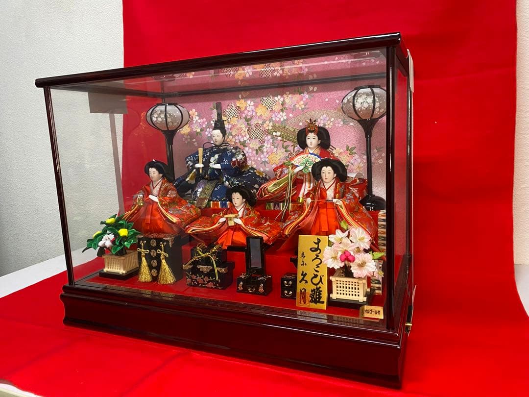 東京久月　雛人形親王五人飾りガラスケース入・間口約５６×奥行約３３×高さ約４２㎝