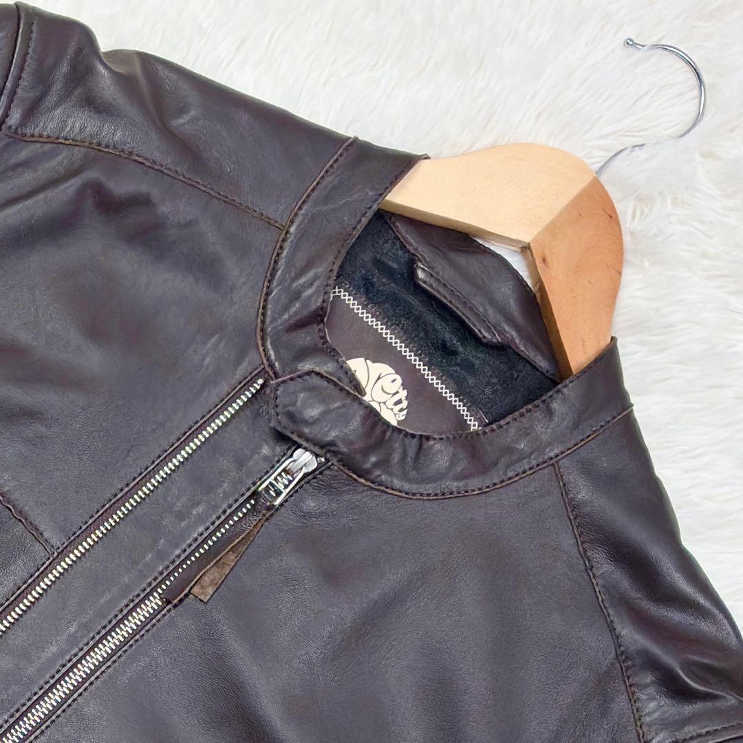 美品　プリティーグリーン　オールレザー　シングルライダース　XL　ブラウン