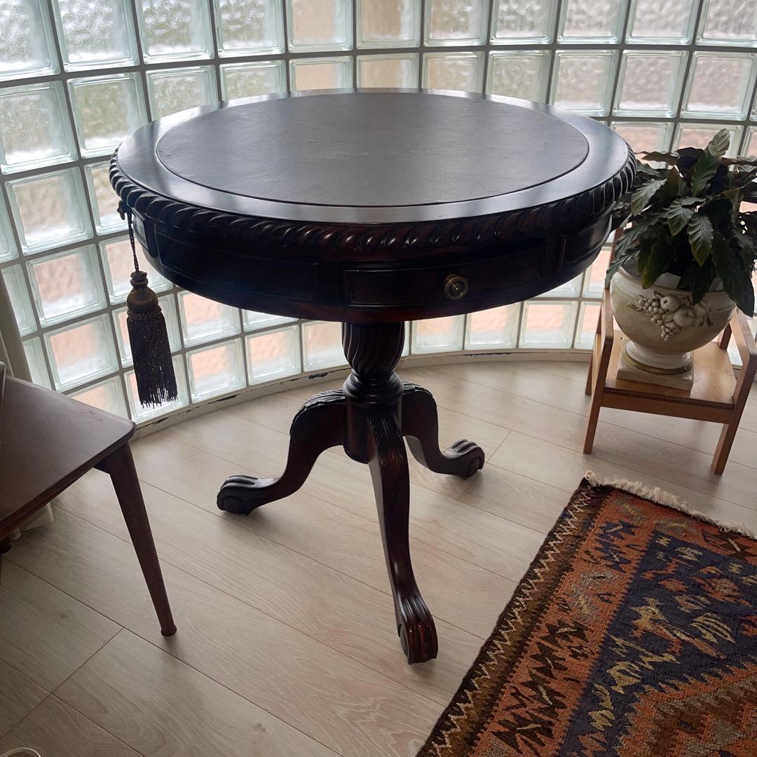 ダークブラウン 円形テーブル 引き出し付き