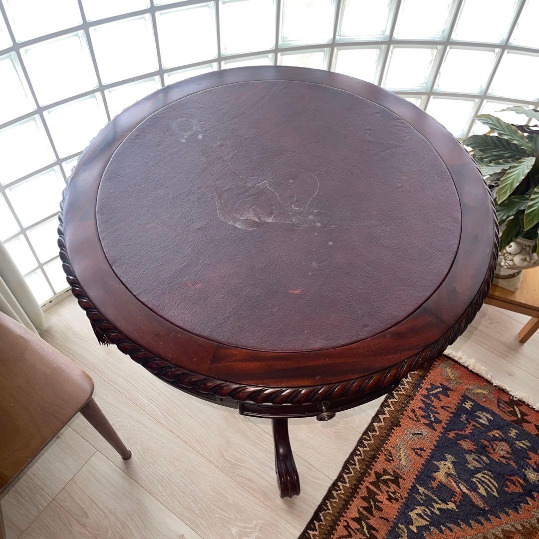 ダークブラウン 円形テーブル 引き出し付き